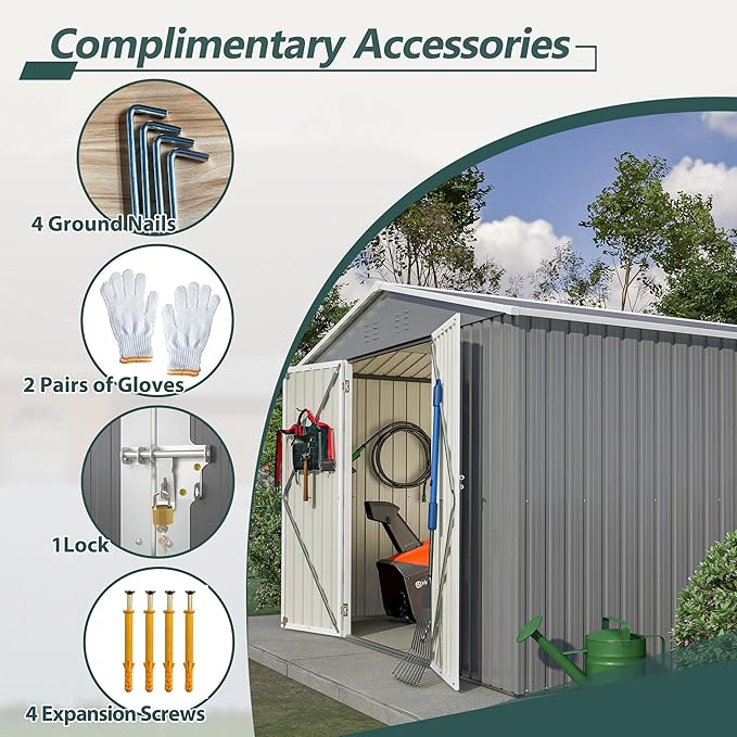 KEIKI Storage Shed 10x10 FT, Large Metal Tool Shed for Outdoor Storage, Galvanized Steel Garden Shed with Lockable Doors for Patio, Backyard, Lawn, Grey