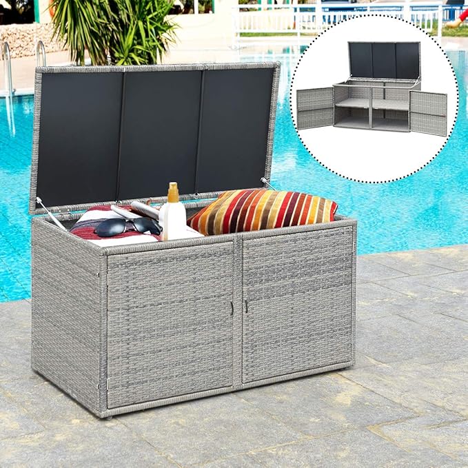 Tangkula Outdoor Wicker Storage Box, Garden Deck Bin with Steel Frame, Rattan Storage Box with Lid, Ideal for Storing Tools, Accessories, 88 Gallon Capacity (Grey)