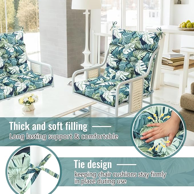 Sintuff 4 Pcs 44 x 21 x 4 Patio Chair Cushions Outdoor Chair Cushion Seat/Back Tufted Pillow with Ties Water Resistant Replacement Indoor Patio Furniture Outdoor Furniture (Leaves,Green)