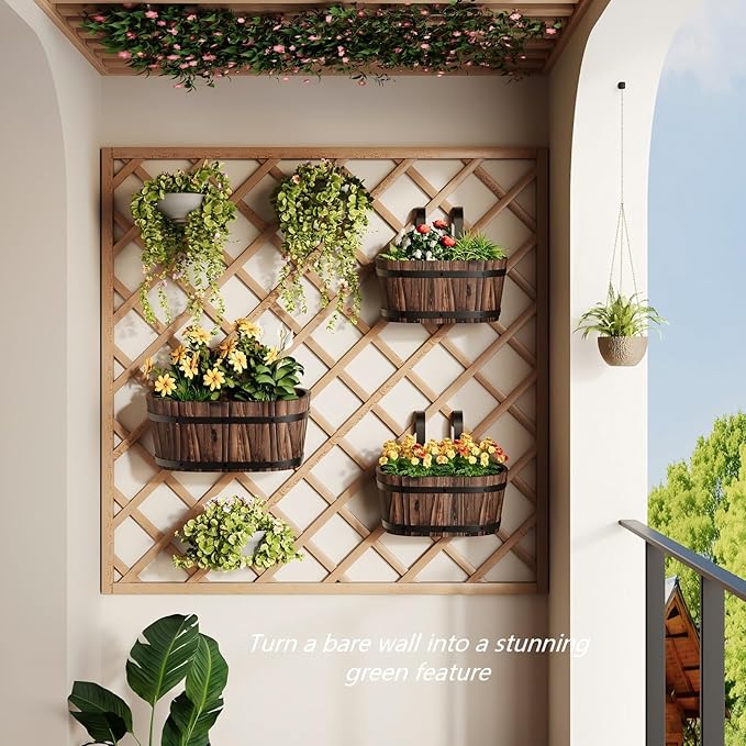 2pcs Railing Planter Boxes Wood Hanging Flower Pots for Railing Fence Outdoor Balcony Planters for Wall Window Flower Box Hanging Bucket Pots Countryside Plant Holder (Carbonized,2pcs,Large)
