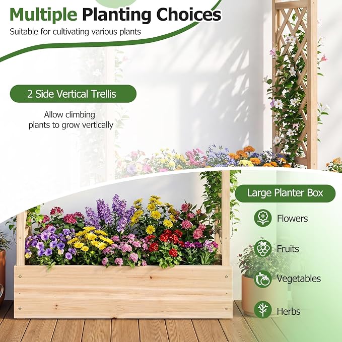 HAPPYGRILL Raised Garden Bed with Trellis & Hanging Roof, 45" Tall Wooden Planter Box with Drainage Holes, Outdoor Wood Elevated Garden Bed for Climbing Plants Vines Vegetables Flowers (Natural,2)