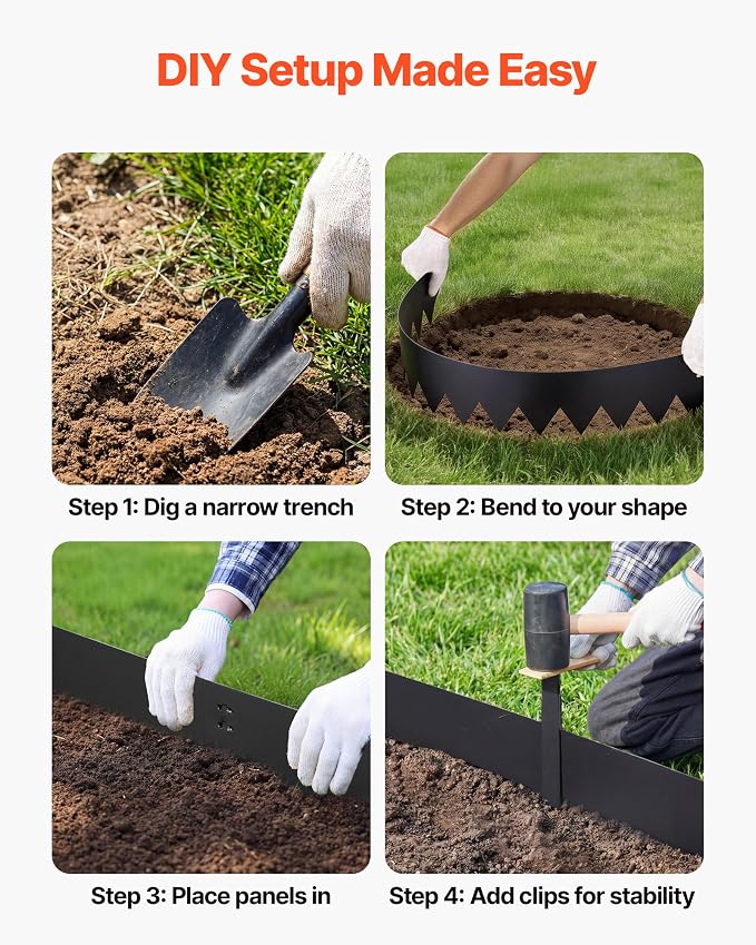 VEVOR Galvanized Steel Landscape Edging, 6-Pack 40 x 6 Inch Metal Edging for Landscaping with 6 Mounting Clips, Bendable Metal Garden Edge Border for Flower Bed, Yard Pathway, Black