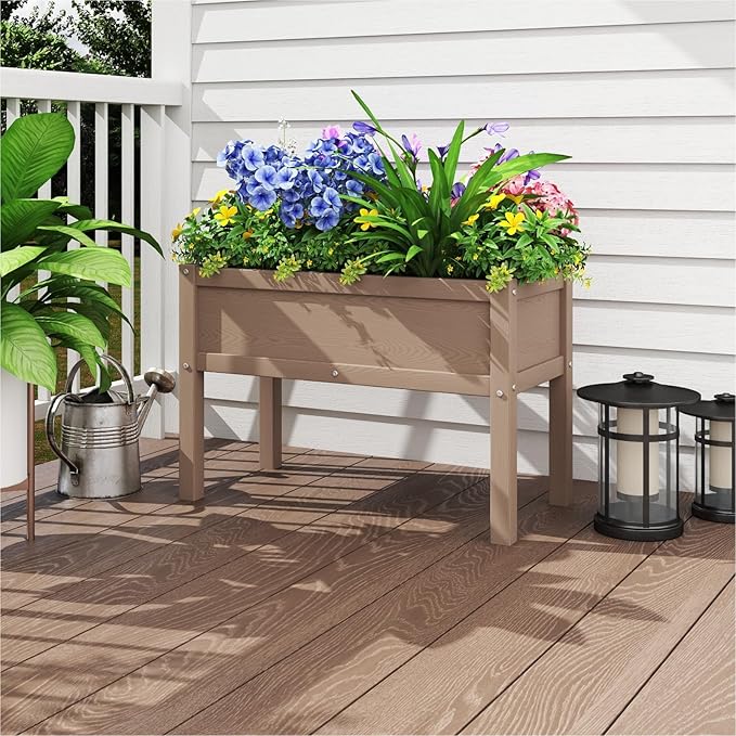 Small HDPE Raised Garden Bed, Elevated Planter Box with Legs, Outdoor All-Weather Planter Raised Beds for Seeds, Herbs, Flowers, Vegetables (Brown)