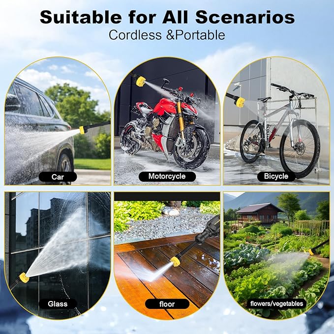 Cordless Pressure Washer Cordless Power Washer, 400W Brushless Motor, 3 Speed Modes, Max Pressure 1500PSI, 6-in-1 Swivel Nozzle, 16.4FT Hose, Cordless for Cars/Floors/Gardens Cleaning