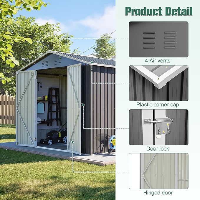 KEIKI Storage Shed 12x8 FT, Large Metal Tool Shed for Outdoor Storage, Galvanized Steel Garden Shed with Lockable Doors for Patio, Backyard, Lawn, Grey