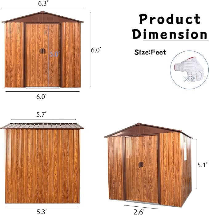 Outdoor Metal Storage Shed 6FT x 6FT, Galvanized Steel Frame Garden Shed, Sliding Lockable Doors, 4 Vent System, Weather-Resistant Metal Storage House with Foundation Kit, Shelf & Hooks, Coffee
