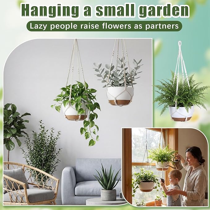Sliner Set of 4-10 Inch Self Watering Hanging Planters Includes Hanging Pots and Outdoor Hanger Plant Pots with Drainage Holes 2 Types of Hanger Basket Hooks for Patio Garden(White Brown)