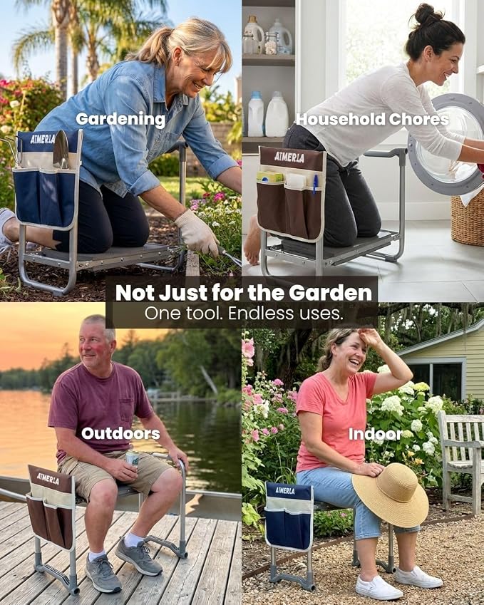 Aimerla Foldable Garden Kneeler Seat Heavy Duty [Upgraded Widened Thick Kneeling Pad] Garden Stool with Large Garden Tool Bags with Pockets - Portable Garden Bench Gardening Gifts for Parents