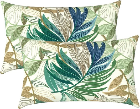 LVTLVTXIII 12×20 Inch Outdoor Lumbar Pillows, Pack of 2 Water Repellent Lumbar Pillow with Inserts, Fluffy Decorative Garden Lumbar Cushions for Home Patio Coach Sofa Use, Lush Leaf Green