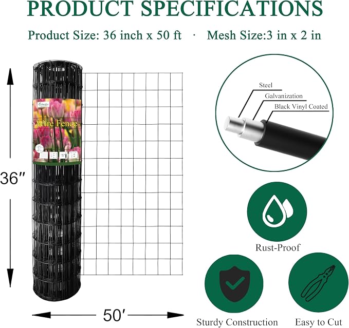FOREHOGAR Black PVC Coated Welded Wire Fence 36 Inch x 50 Foot, 2 Inch x 3 Inch 16GA, Garden Border Fencing Roll Vinyl Coating Metal Wire Mesh for Yard Vegetable Plant Protection Poultry Netting