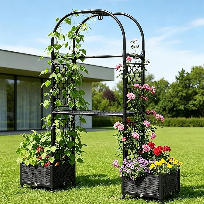 71"x16"x32" Planter Box with Trellis, 3-in-1 Self-Watering Planter Box with Wheels for Patio,Raised Garden Bed with Trellis, Drainage Holes & Metal Storage Rack for Vine Climbing Plants