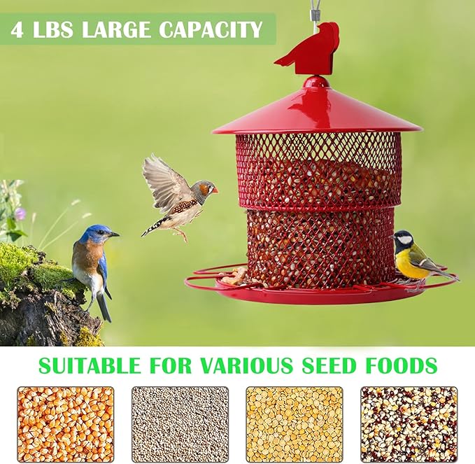 Metal Bird Feeder for Outside Hanging, Bird Feeders Squirrel Proof, 4 Lbs Large Capacity Iron Tube Mesh Wild Birdfeeder for Outdoor Finch Cardinal Chickadees Blue Jay -Red