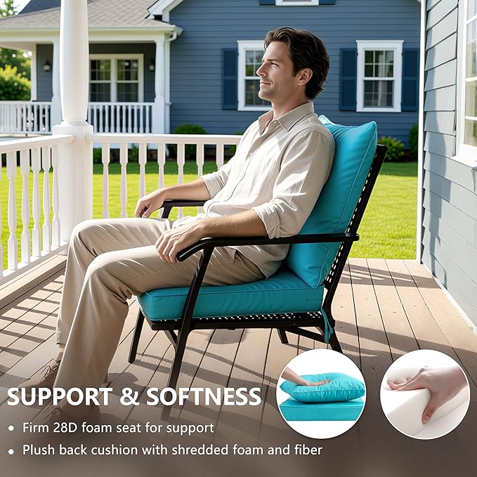 22x22 Inch Patio Chair Cushion with Removable Cover, Outdoor Furniture Cushion - Water-Repellent, Fade-Resistant, Non-Slip Bottom & Straps, Replacement for Lawn, Porch & Deck Chair - Teal