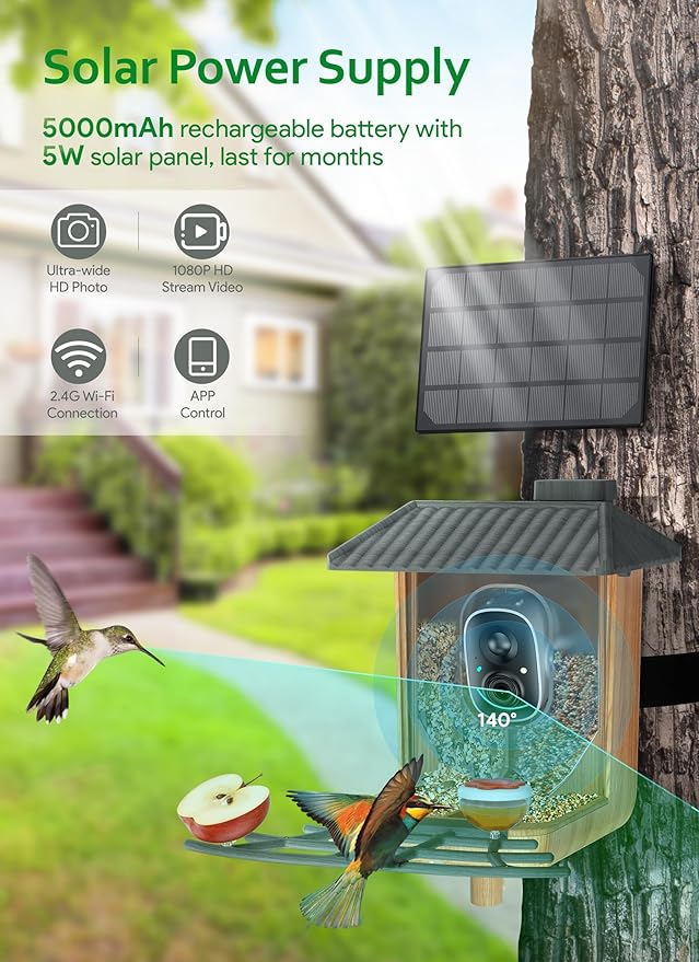 Osoeri Smart Bird Feeder with Camera, 1080P HD AI Identify & Capture Bird Videos, Auto Motion Detection, DIY Add-ons & Hummingbird Feeder, Wood Color-2 Bins