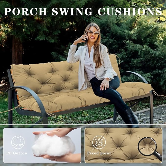 Porch Swing Cushions Outdoor, 5 Inch Thick Waterproof 2-3 Seater Replacement Swing Cushion with Backrest and Anti-Slip Ties, Perfect for Porch, Patio, Garden, Outdoor Bench Furniture, 60×40×5 Inch