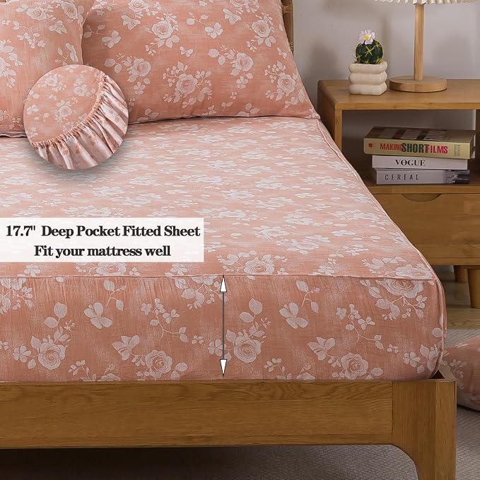 FADFAY Queen Sheets Set 100% Cotton Washed Double Gauze Muslin Bedding 4Pcs Vintage Coral Rose Floral Sheets Shabby Farmhouse Bedding Luxury Super Soft Breathable Deep Pocket Fitted Sheet, Queen Size
