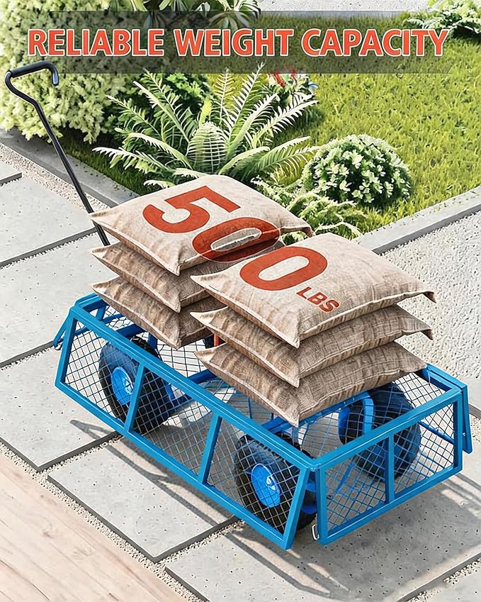 Garvee Steel Garden Cart, 500 LBS Capacity Utility Outdoor Wagon, Heavy Duty Mesh Garden Metal Wagon with Removable Sides, Flexible Handle and 10" Tires for Yard, Lawn, Garden