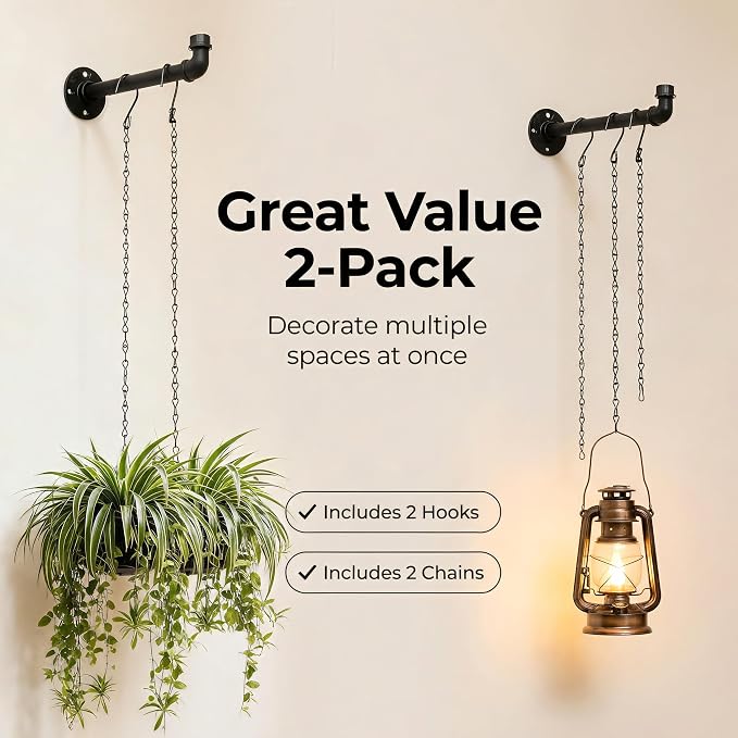 2 Pack Black Metal Pipe Plant Hanger Indoor with Hanging Chains, Industrial Window and Wall Mounted Hanging Rod Planter for Plants, Pot/Plant Not Included