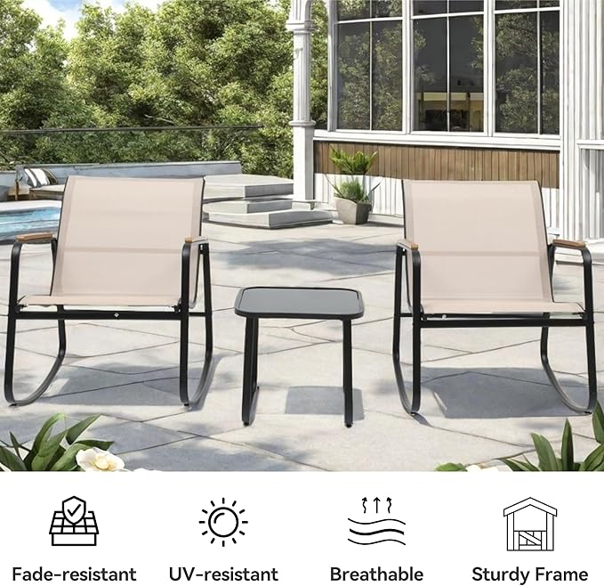 DWVO Patio Rocking Bistro Set, 3 Piece Durable Textilene Outdoor Furniture Set, Wooden Armrest Rocker Chairs & Glass Table for Garden, Balcony & Poolside, Beige