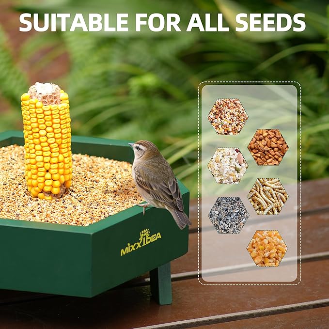 MIXXIDEA Ground Bird Feeder for Outdoors, Wooden Mesh Seed Tray for Bird Feeders, Great Attracting Garden Yard Decoration for Wild Birds Squirrels Chicken Dove, Green