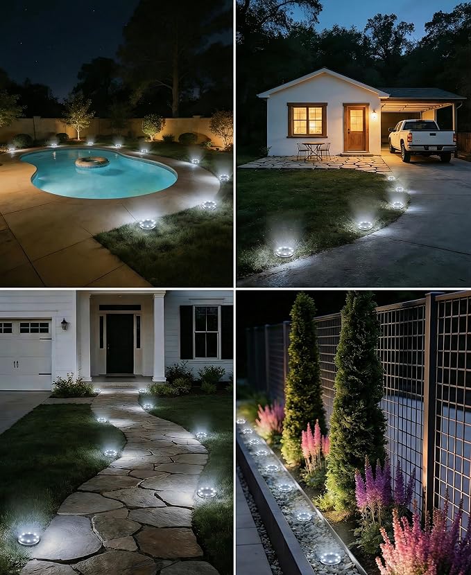 LOTMOS 10 Pack Solar Ground Lights Outdoor, 8 LED Solar Flat Lights IP68 Waterproof Disc Light, Landscape Lighting Solar Powered for Garden Yard Path Driveway Lawn Patio Walkway, Cool White