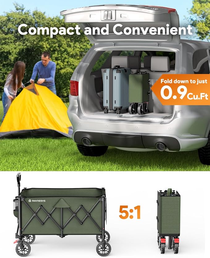 Raynesys Collapsible Foldable Wagons, 440lbs Weight Capacity Beach Wagon with All-Terrain Wheels, Heavy Duty Foldable Wagon, Utility Wagons Carts with Brakes for Camping,Sports,Shopping,Grocery, Green