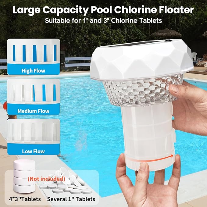 Solar Pool Chlorine Floater, Pool Light that Float With Thermometer, Remote, 8 Lighting, Timing Mode, IP68 Waterproof, Floating Chlorine Tablet Dispenser for Pool, Spa Bathtub, Hot Tub, Pond Decor