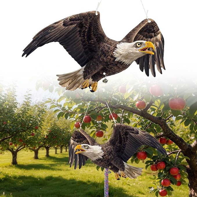 2 Pack Eagle to Scare Pigeon Woodpecker Animals Away, Outdoor Hanging Plastic Fake Eagle Scarer with Reflective Tape for Keep Animals Away from Contryard Patio Yard Porch Balcony Window