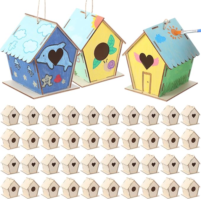 DoubleFill 12 Pack 4.33'' Wooden Bird House Craft Kit for Kids Spring DIY Birdhouse to Build and Paint Unfinished Hanging Birdhouse Bulk Spring Summer Bird Feeder for Class Creative VBS Crafts