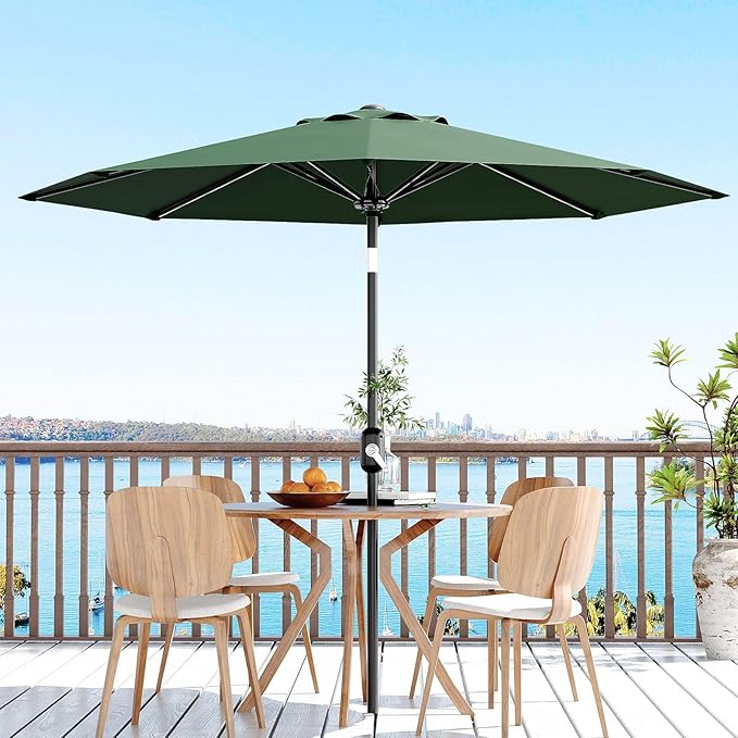 Garvee 10 ft Patio Umbrella - 8 Sturdy Ribs Outdoor Table Umbrella with Crank Lift & Push Button Tilt - Market Umbrella for Pool, Deck, Yard, Garden - Dark Green