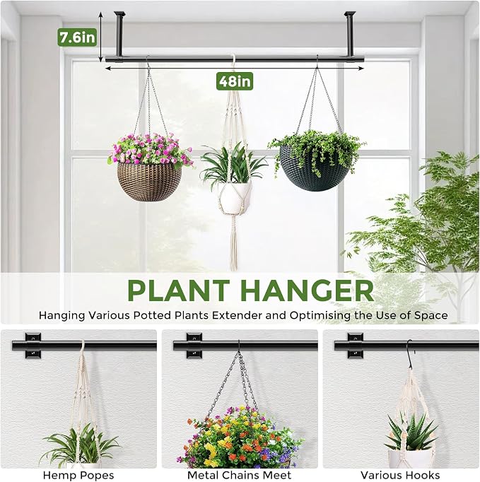 Window Plant Hanger for Indoor Plants, 48 Inch Hanging Plant Rod, 1 Inch Diameter Metal Rod, Hanging Plant Holder for Window Wall, Matte Black, Square Flange Base, Pots Not Included