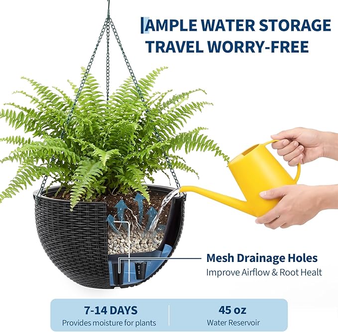 13.8 Inch Self Watering Hanging Planter, 2PCS Round Resin Hanging Basket for Indoor Outdoor Plants, Rattan Look Flower Pot with Drainage Plug, Deep Inner Pot and Sturdy Metal Triple-Chain Hanger