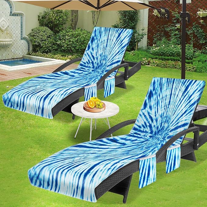 Lounge Chair Towel Cover (Pack of 2), Tie Dye Style Chaise Lounge Cover, Beach Chair Covers with Pockets for Pool Beach Garden Courtyard Outdoor Trips, 85 x30 in, Dark Blue