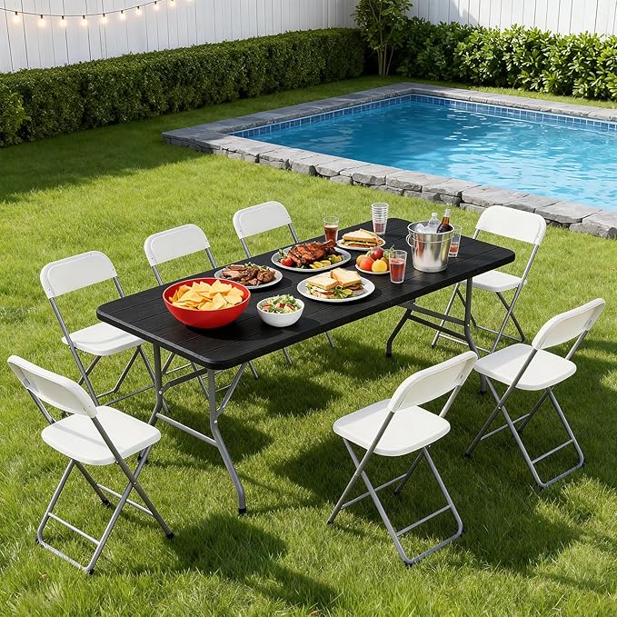 BestOffice 6 FT Picnic Table, Portable Plastic Folding Table with Carrying Handle Perfect for Picnics, Parties, Party and Camping, Black Wood Grain