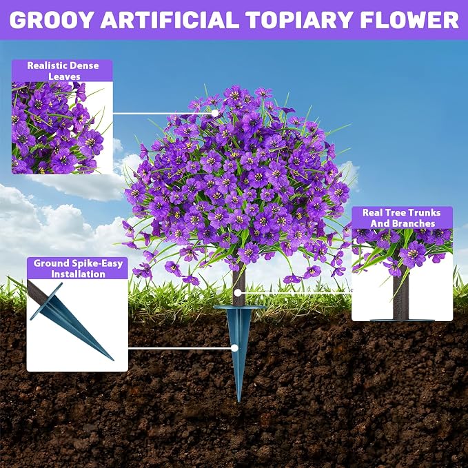 Grooy Set of 2 Artificial Topiary Ball Flower for Outdoor | UV Resistant Faux Flower with Ground Spikes, Fake Bushes Shurbs Plants, Artificial Flower for Outdoor Indoor Front Porch