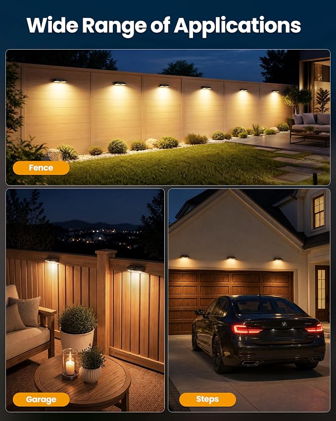VOLISUN Fence Lights Solar Powered Motion Sensor 8 Pack, 160° Wide Angle 16.4FT Detection, IP65 Waterproof, 3 Modes (High/Low/Steady-On) Dusk to Dawn, 3000K Warm White Solar Fence Lights for Garden