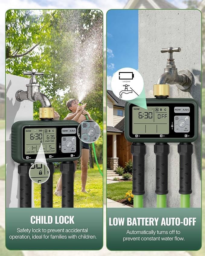 3 Zone Brass Sprinkler Timer, Garden Hose Timer, Automatic Irrigation System, Programmable Faucet, 3 Outlets, with Rain Delay, Manual Mode,Child Lock, for Yard, Garden, Lawn, Green E13WT06