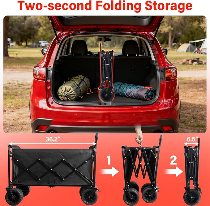 Collapsible Wagon Cart Foldable, 600LBS Beach Wagon with Big All-Terrain Wheels & Brakes, Heavy Duty Folding Utility Carts with Cup Holders for Garden, Camping, Sports, Groceries, Shopping