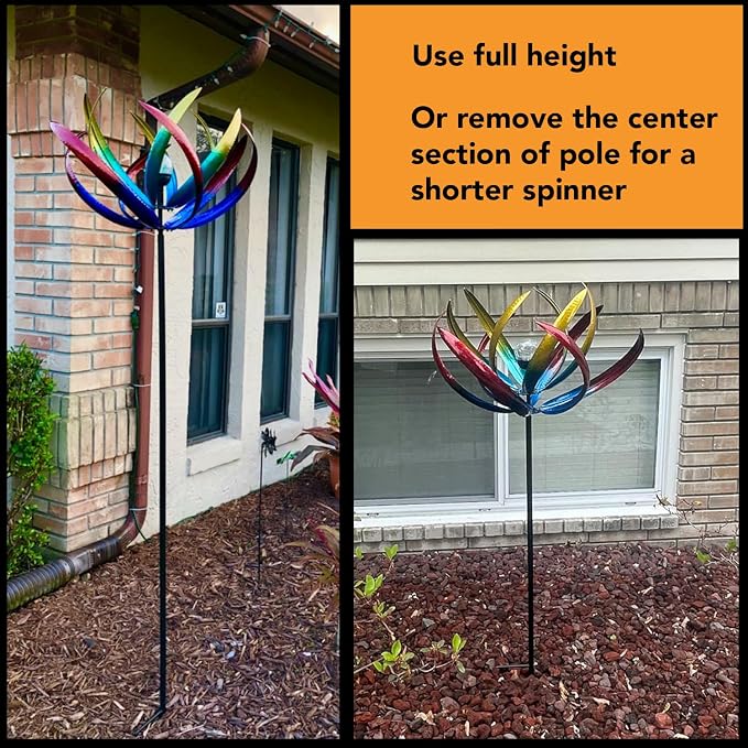 Bits and Pieces Tulip Wind Spinners Outdoor Solar Lighted Metal Wind Spinner, Large Kinetic Garden Sculptures, Crackle Glass Light, Multi-Colored Garden Decor