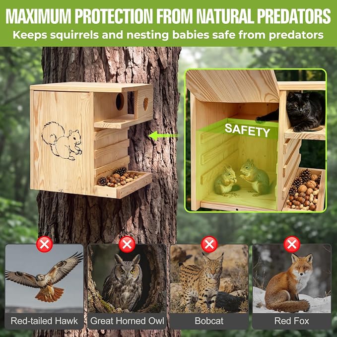 Extra Large Wooden Squirrel House Feeder Outdoor Heavy Duty Nesting Box | Solid pine 16lbs wildlife shelter with internal feeding platform. Flips open; features a predator guard & ladders.