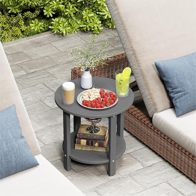 HDPE Outdoor Side Table for Patio, 18.1-Inch Weatherproof Small Outdoor Table for Adirondack, 2-Tier Round End Table for Garden Backyard Porch Deck Balcony Poolside (Grey)