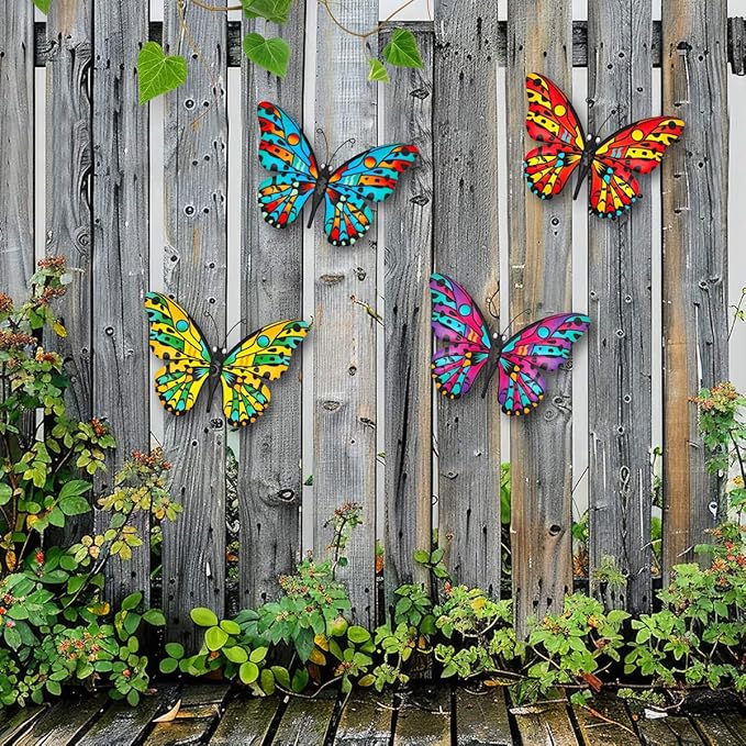 Metal Butterfly Wall Decor - 9.6" Outdoor Fence Wall Art Decor, Hanging Decoration for Garden Yard Living Room Bedroom Patio Balcony(4 Pack)