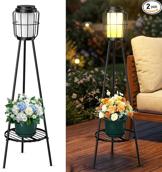MXwcy 2 Pack Solar Lights Outdoor with Plant Stand, Waterproof Solar Floor Lamp & Tall Metal Planter Holder for Outside, Decorative Tripod Pathway Lantern for Patio, Garden, Porch, Yard Decor