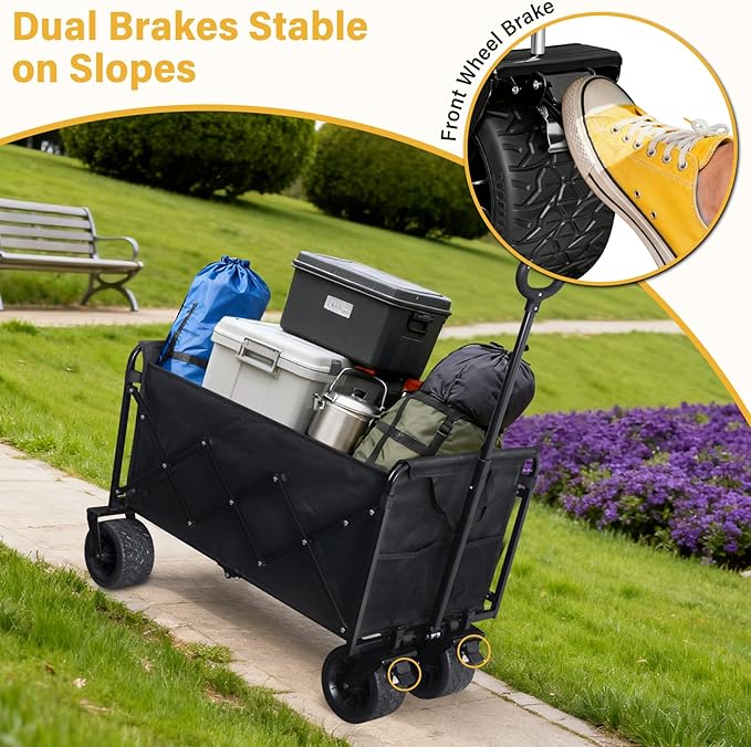 Foldable Wagon Cart with Wheels, Heavy Duty Collapsible Wagon, 600 lbs Capacity, 220L Large Capacity Utility Wagon, Dual Brakes & All-Terrain Wheels for Groceries, Beach, Camping, Apartment Moving