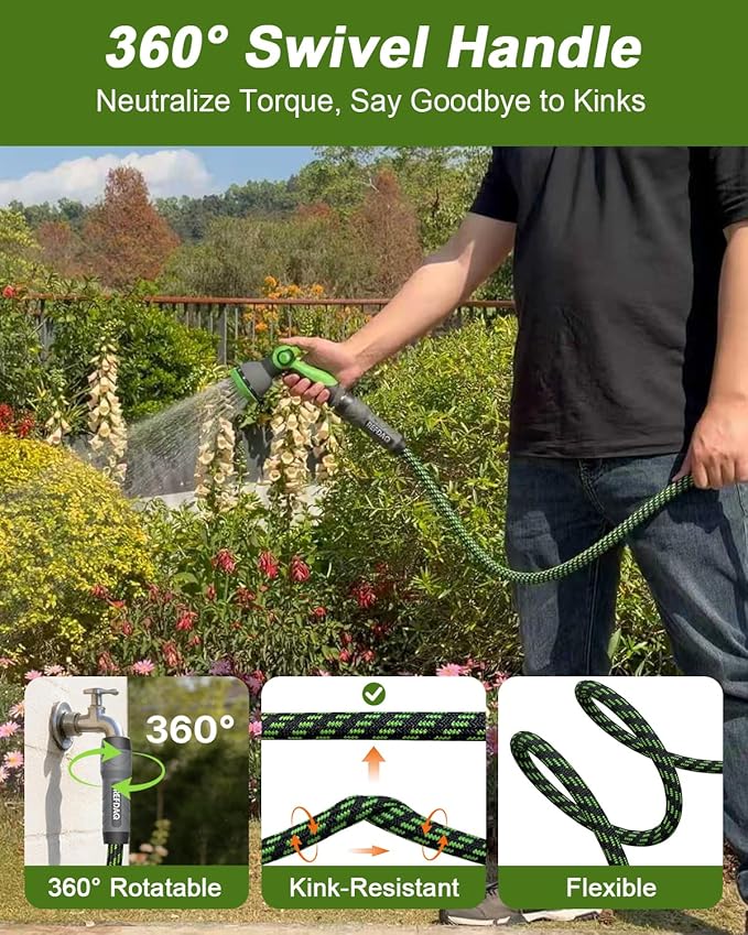 Garden Hose, Flexible Ultra Lightweight Durable, Kink-Free Water Hose with 10 Function Sprayer - Non-Shrinking, Easy to Store, All-Weather, High-Pressure (50FT)