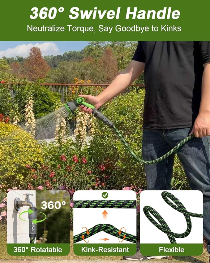 Garden Hose 100ft, Flexible Ultra Lightweight Durable, Kink-Free Water Hose with 10 Function Sprayer - Non-Shrinking, Easy to Store, All-Weather, High-Pressure