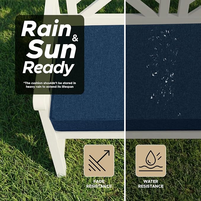 Outdoor Bench Cushion, Water-Resistant & Fade-Resistant, Porch Swing Cushions with Ties, Patio Furniture Seat Pads for Garden Loveseat, Removable Cover Non-Slip Bottom, 45 x 16 Inch, Navy Blue