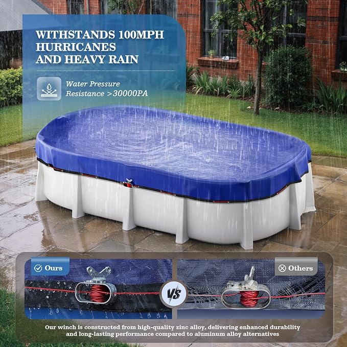 UIRWAY Upgraded 18x34 ft Oval Pool Cover- 200gsm Heavy Duty Fabric Pool Cover for Above Ground Pools, Extra Thick & Durable, Cold and UV Resistant, Includes Winch and Cable Set