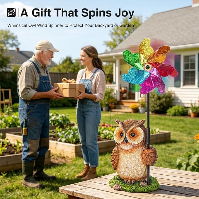 Owl Wind Spinners Garden Decor, Outdoor Resin Yard Statue & Colorful Reflective Spinners for Flower Bed, Lawn, Backyard Outdoor Decor Gifts for Women, Garden Lover