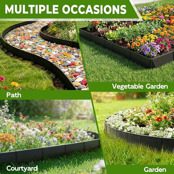 6-Pack Heavy Duty Metal Garden Border(20FT), 6 in *37 in Hammer-in Landscape Edgings with 6 Pcs Plastic Stakes, Bendable Lawn Edgings for Yard, Tree Rings, Lawn,Pathway-Black